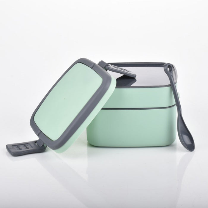 2837A GREEN DOUBLE-LAYER PORTABLE LUNCH BOX STACKABLE WITH CARRYING HANDLE AND SPOON LUNCH BOX , Bento Lunch Box DeoDap