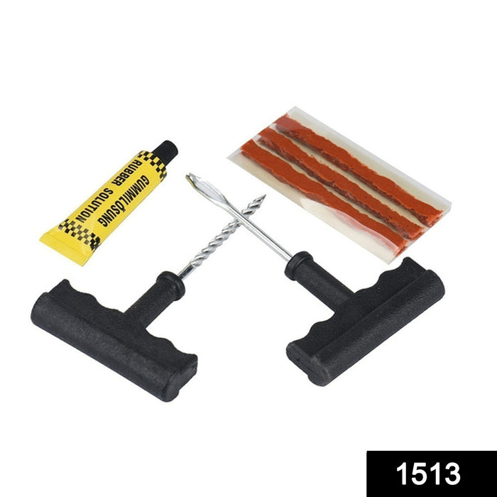 1513 Puncture Repair Kit Tubeless Tyre Full Set with Nose Pliers, Rubber Cement and Extra Strips for Cars, Bikes DeoDap