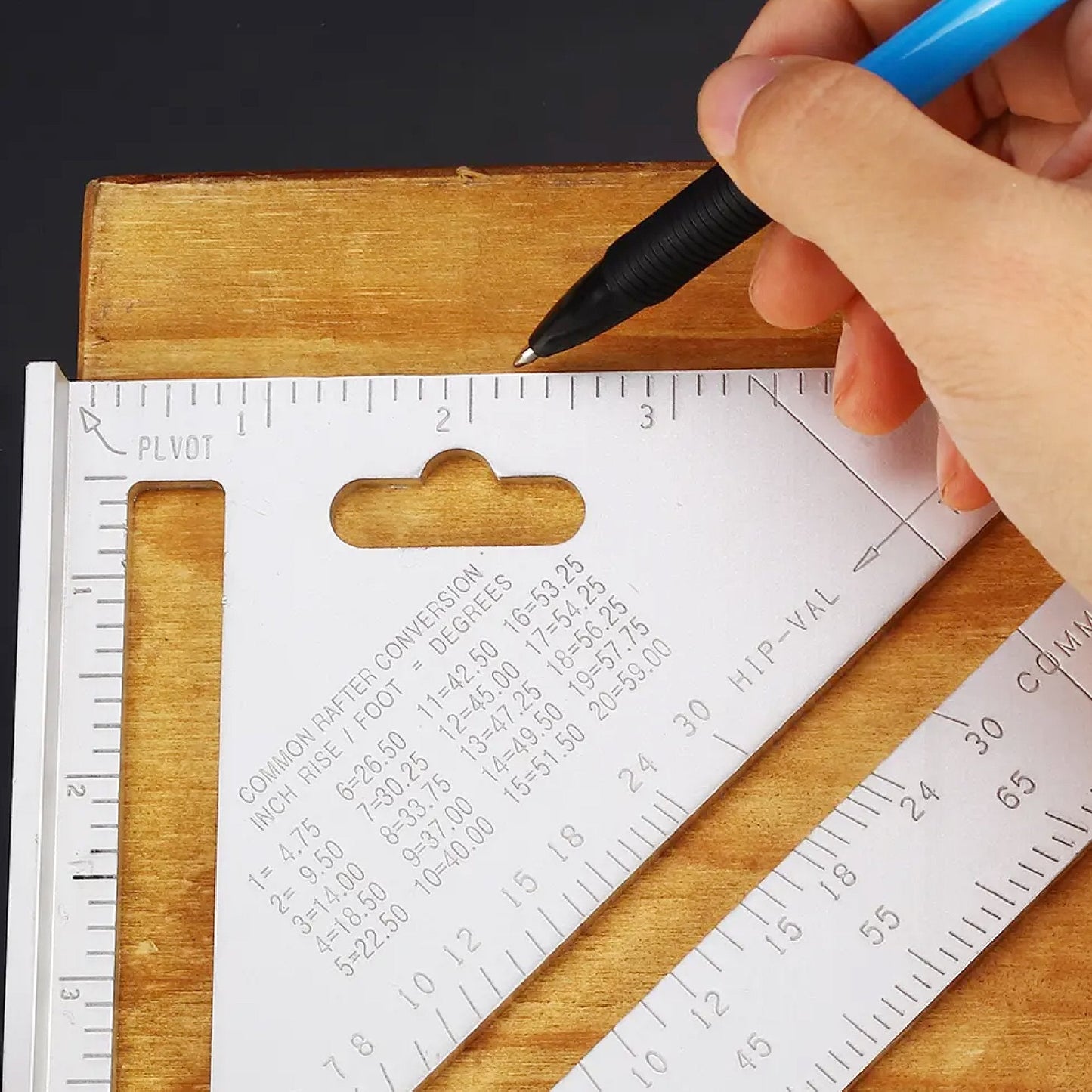 Handy triangle measurement tool with double scale.