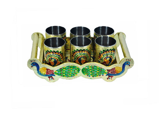 2125 Peacock Design Glass with Handle and Handicraft Serving Tray Set DeoDap