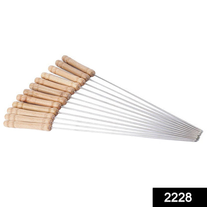 Pack of 12 BBQ skewers with wooden handles.