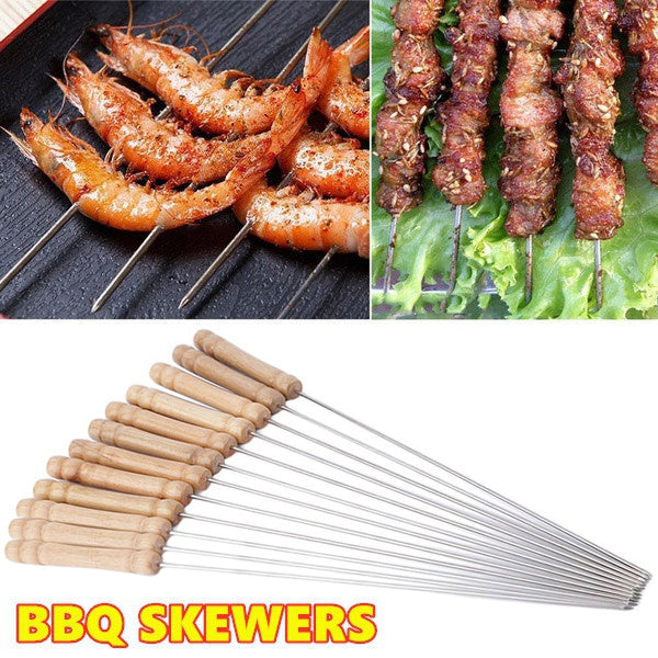 2228 Barbecue Skewers for BBQ Tandoor and Gril with Wooden Handle - Pack of 12 DeoDap