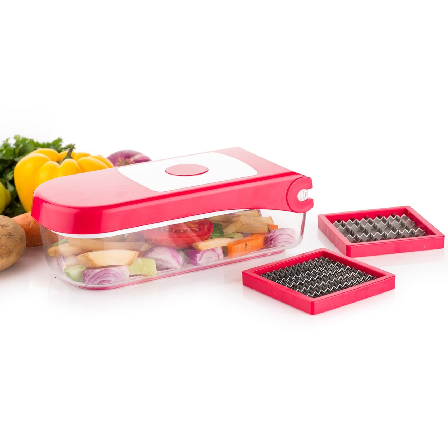 Ganesh plastic chopper, red, for vegetables and fruits, shown from various angles.