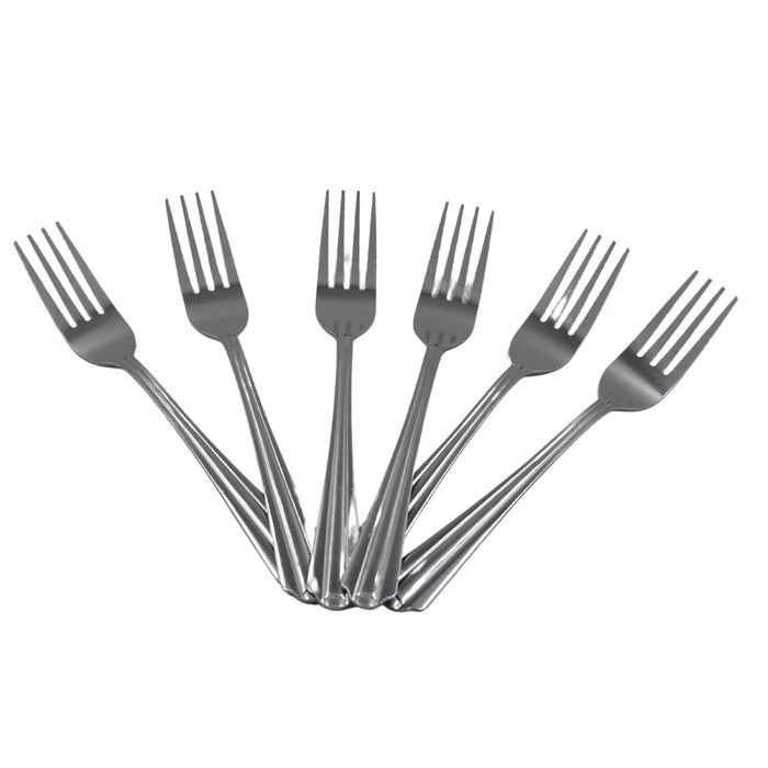 Six steel forks, premium set for home and kitchen, high-quality construction.