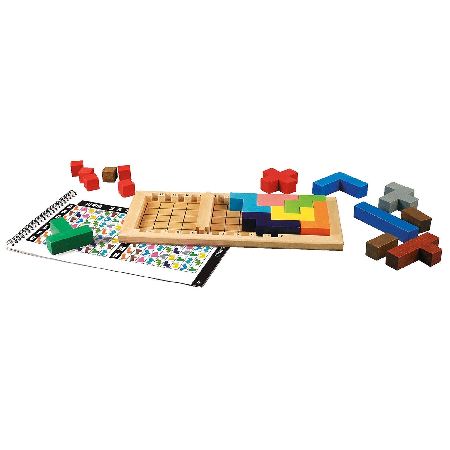 Wooden mind game with vibrant colors and pieces for interactive learning.