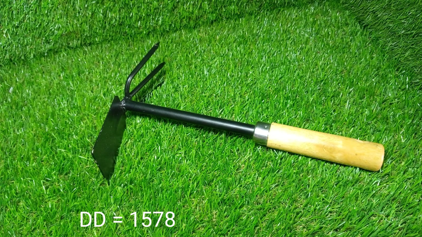 Complete view of double hoe gardening tool with wooden handle.